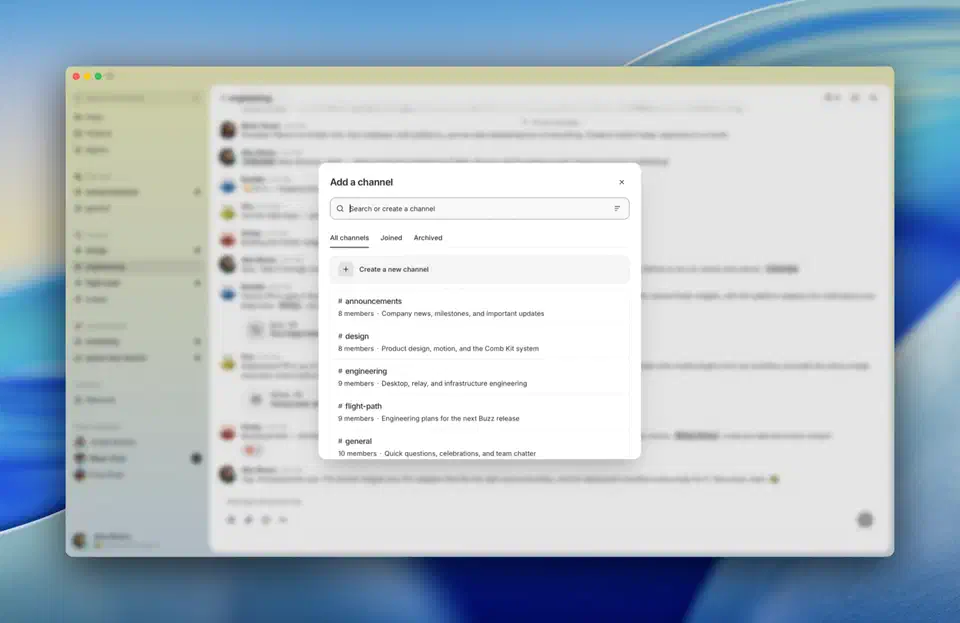 The Add a channel dialog in Buzz with search, filters, and channels to join or create