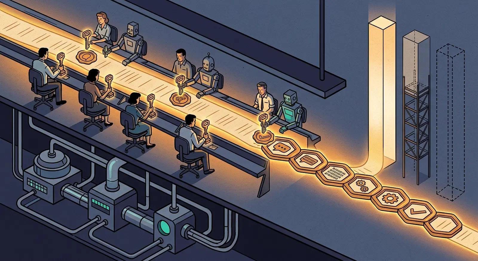 Humans and robot agents seated together along a glowing chat channel, each stamping a unique key seal into a linked event chain