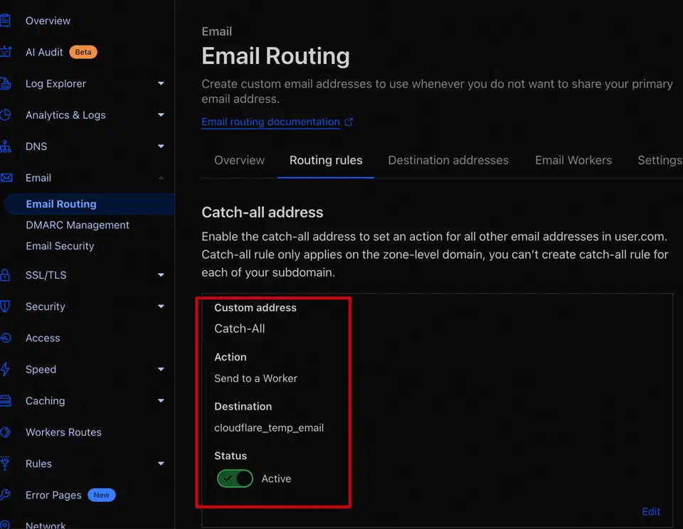 Cloudflare Email Routing catch-all rule pointing at the Worker