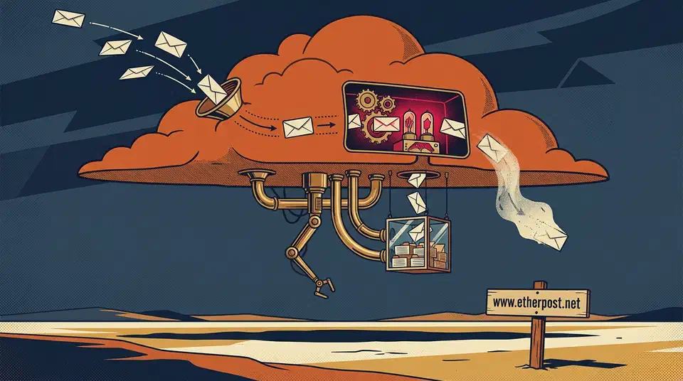 Orange cloud sorting envelopes through brass tubes into a nearly full glass card vault above an empty landscape