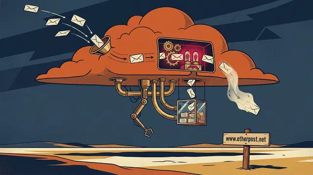 Orange cloud sorting envelopes through brass tubes into a nearly full glass card vault above an empty landscape