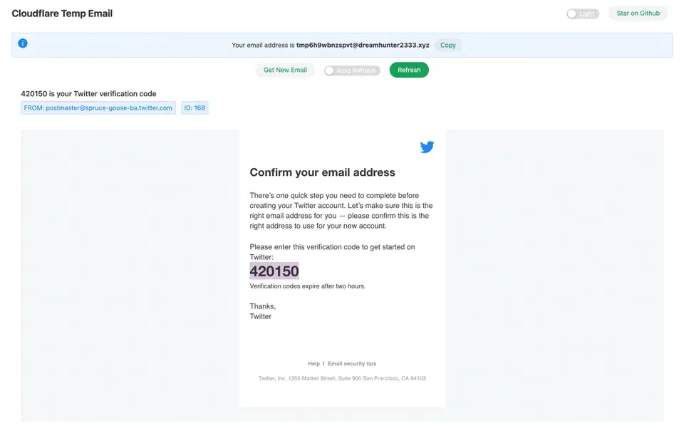 Temp mail web inbox showing a received message with the address list on the left
