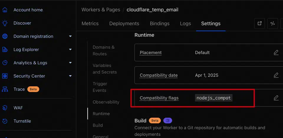Adding the nodejs_compat compatibility flag to the Worker runtime settings