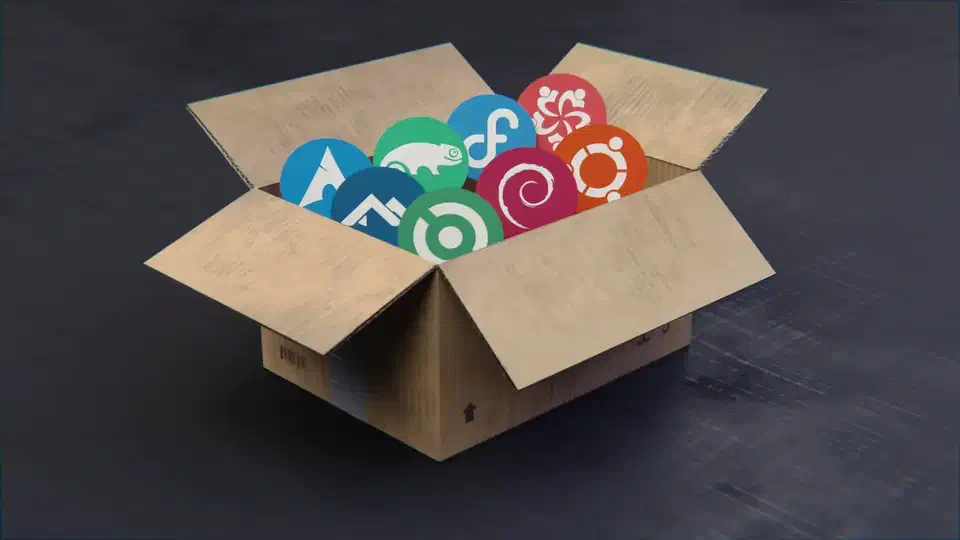 Stylized Distrobox project artwork showing a cardboard box filled with Linux distribution mascots