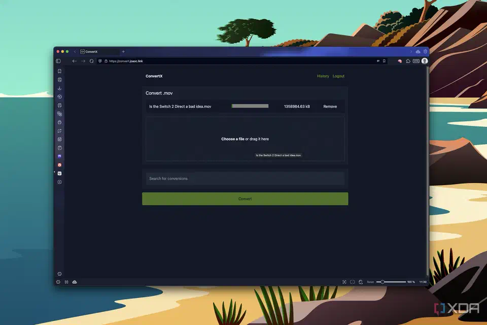 ConvertX upload page in a browser showing a 1.3 GB .mov file with an upload progress bar, a Remove button, and a green Convert button
