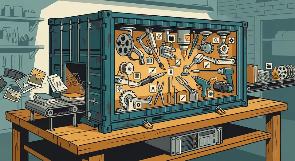 Open steel shipping container on a workbench with nineteen mechanical tool arms inside converting documents, video reels and 3D shapes into new formats