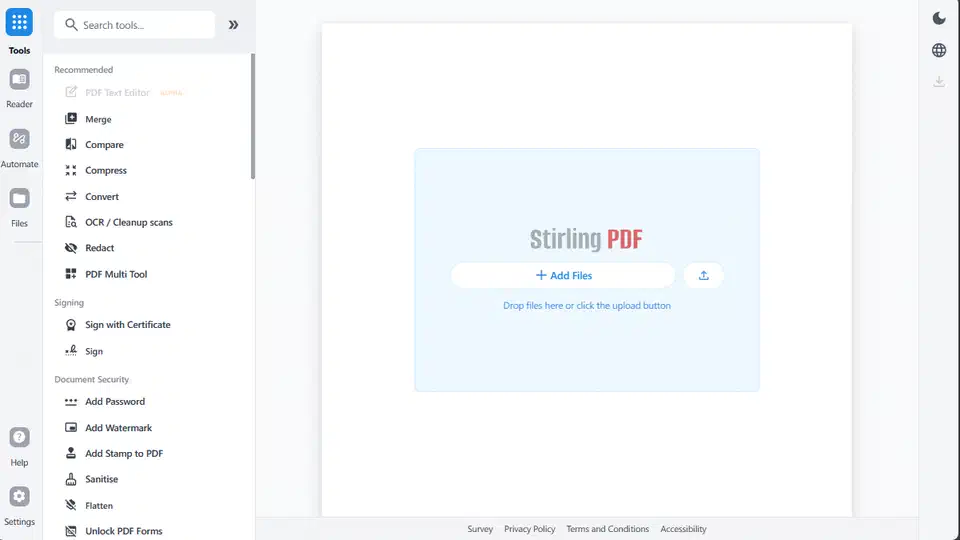 Stirling PDF dashboard with a left sidebar listing Merge, Compare, Compress, Convert, OCR, Redact, Sign with Certificate, Add Password, and Sanitise tools