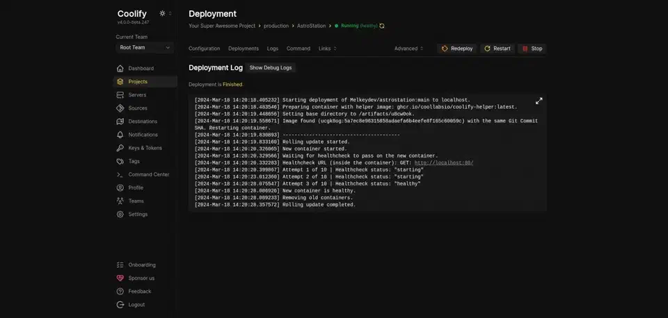 Coolify deployment log printing timestamped lines for a rolling update, healthcheck attempts turning from starting to healthy, and old containers being removed