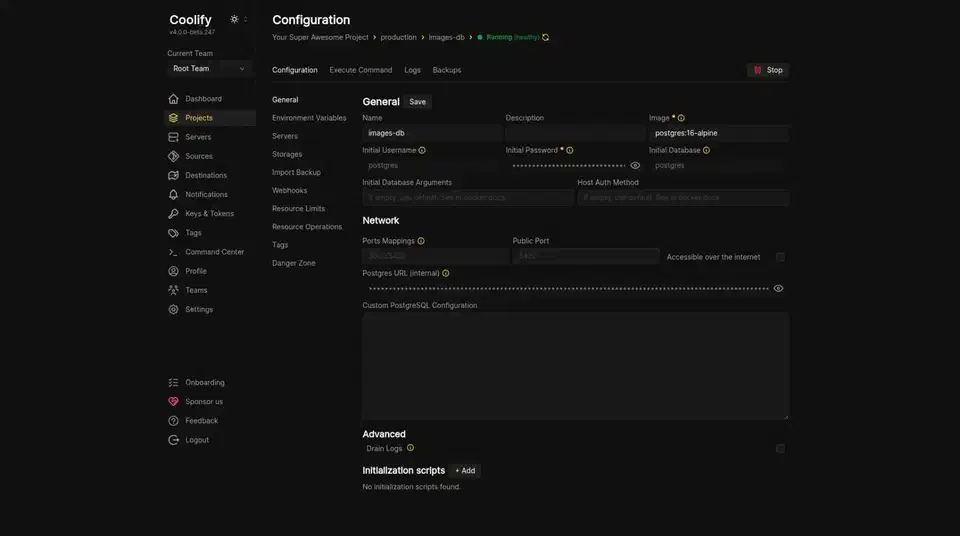 Coolify configuration page for a Postgres 16 database with fields for image, initial username, password, port mappings and an internal connection URL