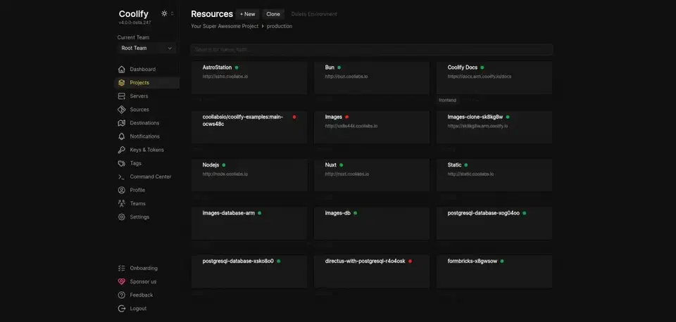 Coolify Resources screen showing a grid of running apps named AstroStation, Bun, Nodejs, Nuxt and Static beside several Postgres database cards