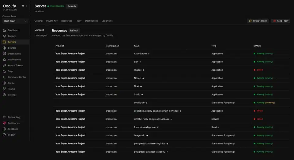 Coolify server page listing managed resources in a table with project, environment, name, type and running status columns, plus a Managed and Unmanaged tab