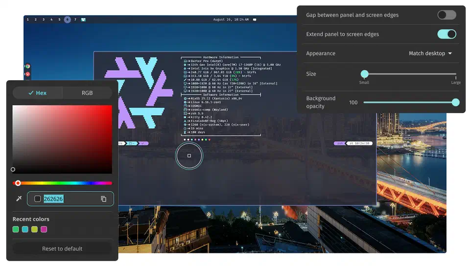 COSMIC Settings panel showing theming and accent color controls