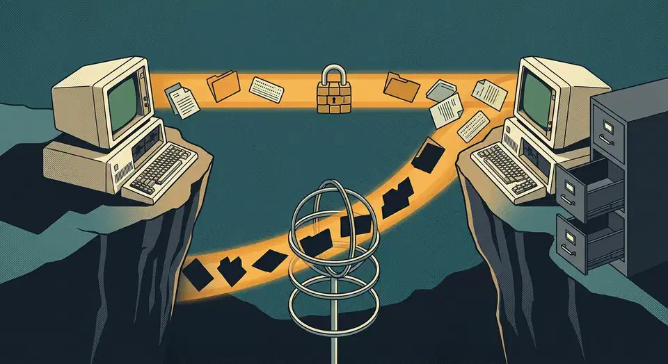 Two computers on opposite cliffs linked by a glowing beam carrying documents through a relay tower, beside an empty open filing cabinet