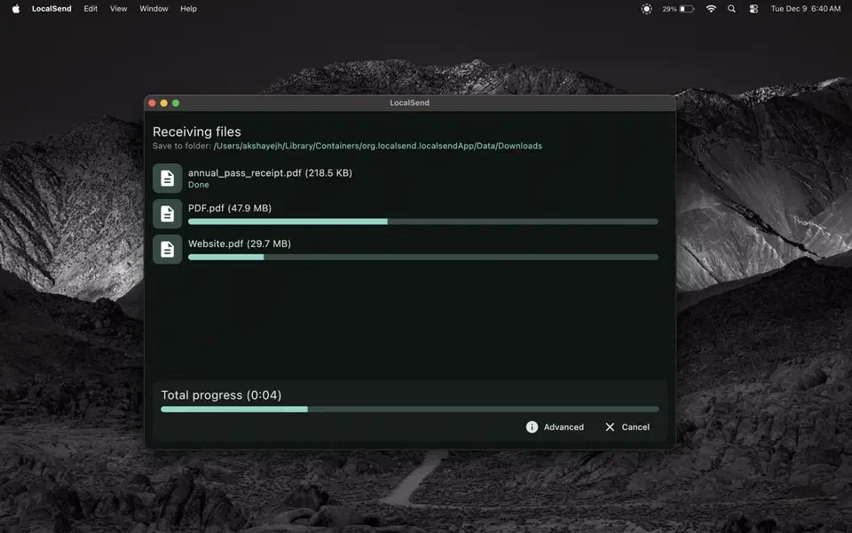 LocalSend desktop window titled Receiving files, listing three PDFs with green progress bars and a total progress timer