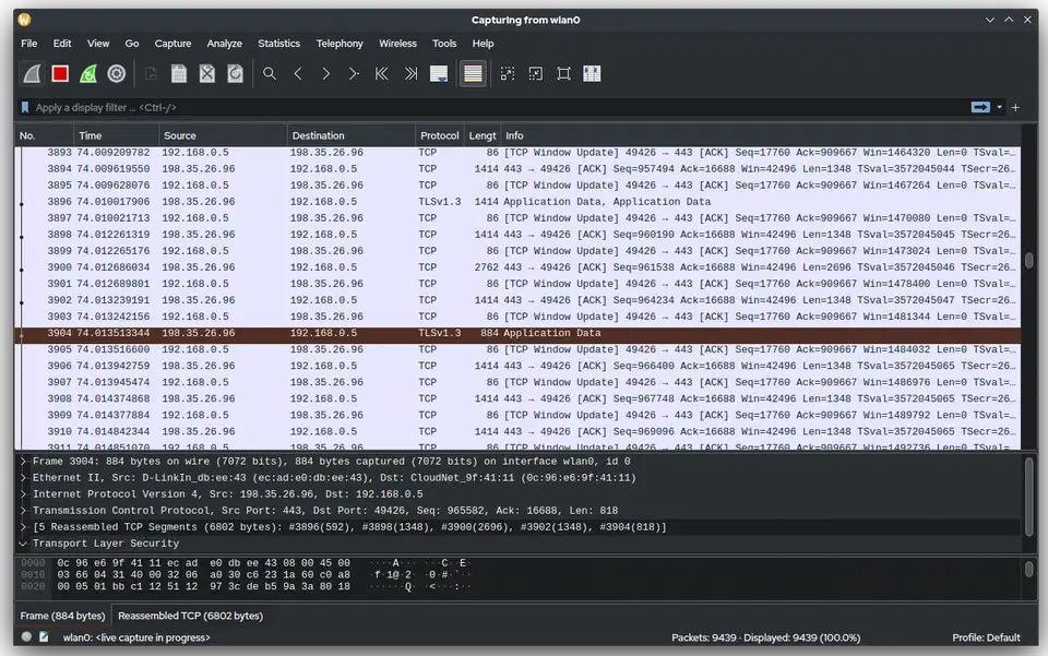 Wireshark 3.6 main window showing captured network packets with protocol dissection panes