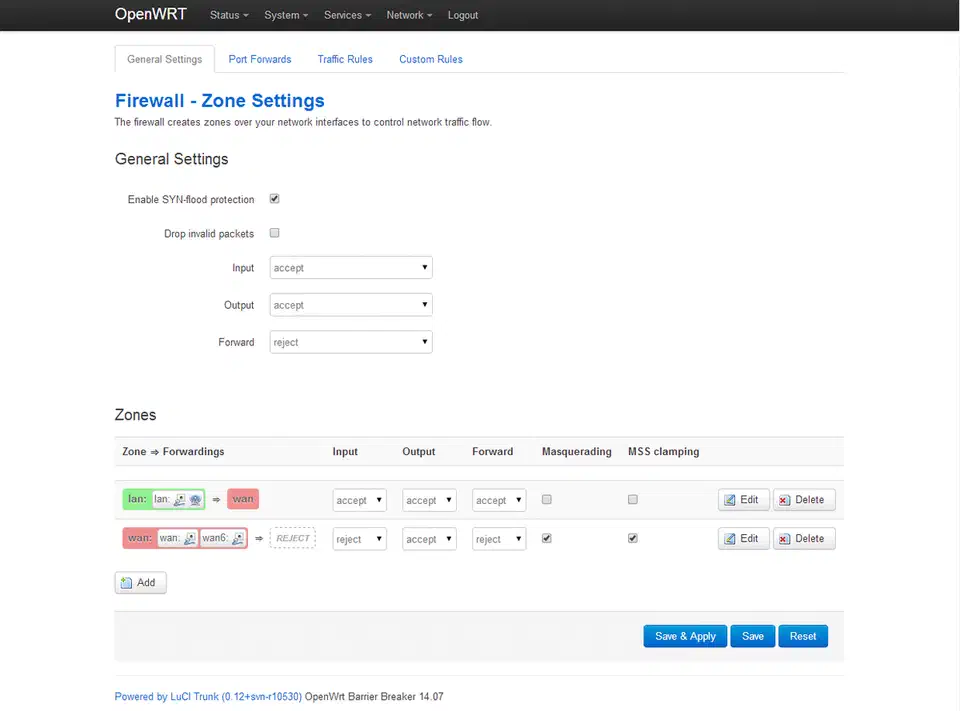 OpenWrt LuCI firewall configuration page showing zone rules