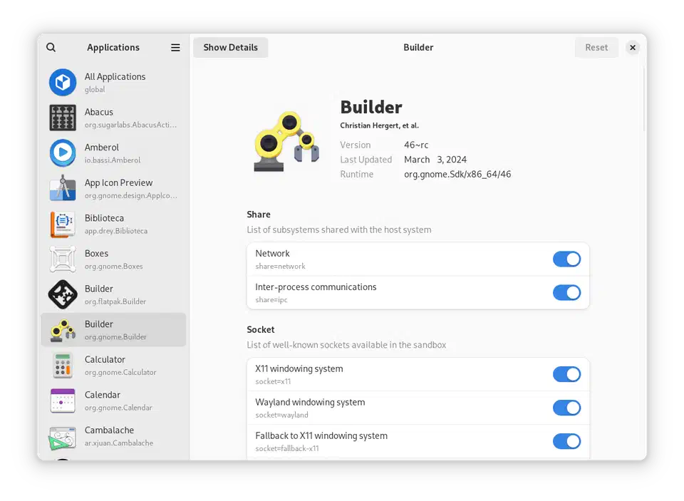 Flatseal showing Flatpak application permissions with toggle switches for filesystem, network, and device access