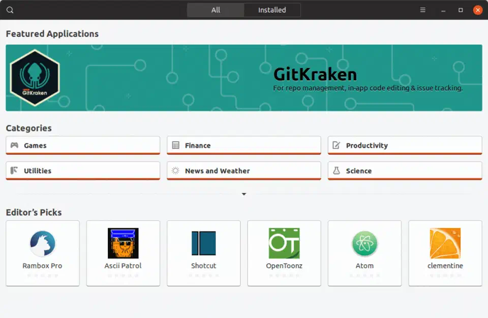 Snap Store desktop application showing featured snaps and app categories