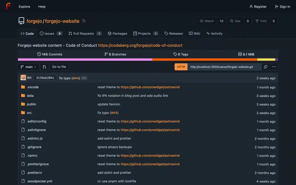 Forgejo repository view in dark mode showing the code tab, branch selector, and commit list for the forgejo-website repository