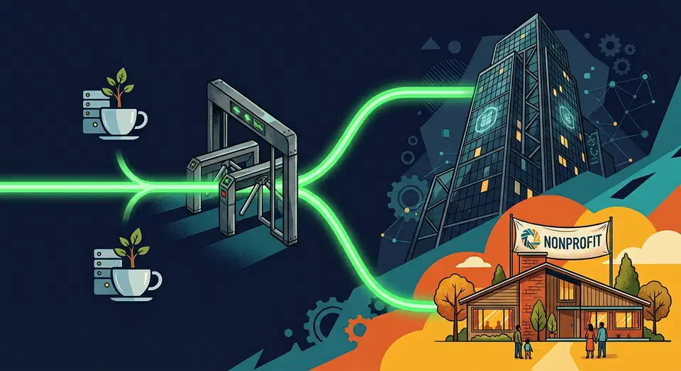 A glowing green git branch splitting through a one-way turnstile toward a corporate glass tower and a nonprofit community house