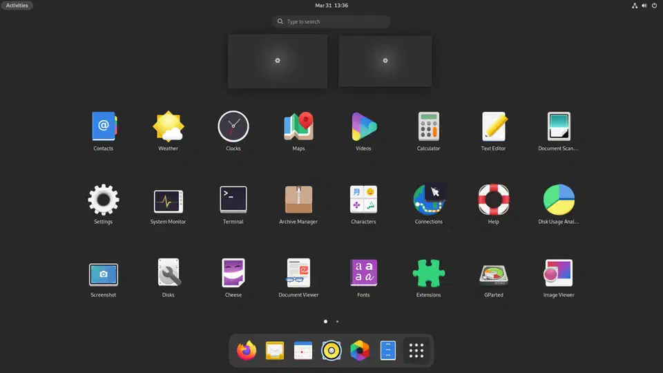 NixOS running GNOME desktop with the Activities overview showing installed applications