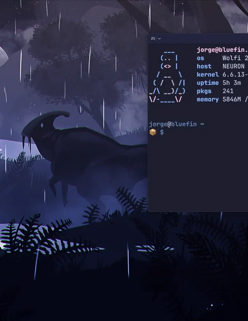 Universal Blue Bluefin desktop showing a terminal with neofetch system information