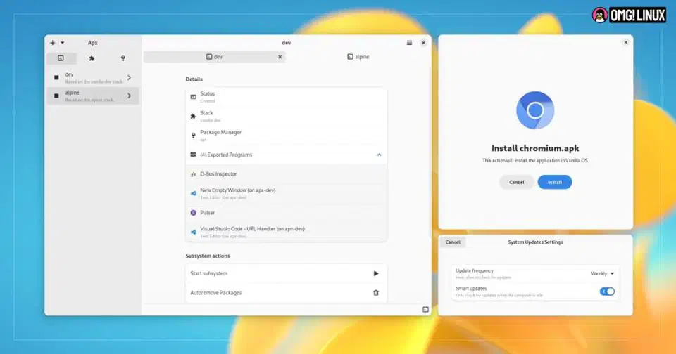 Vanilla OS APX v2 graphical interface showing container management and package installation