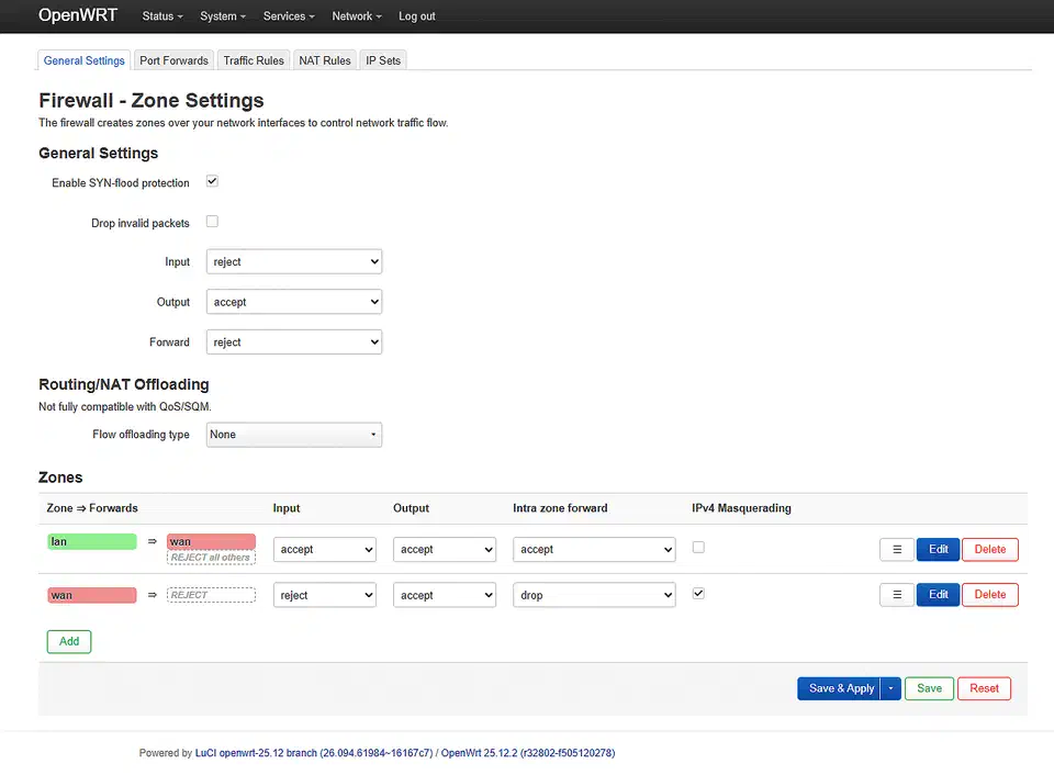 OpenWrt 25.12 LuCI firewall zone settings with lan and wan zones