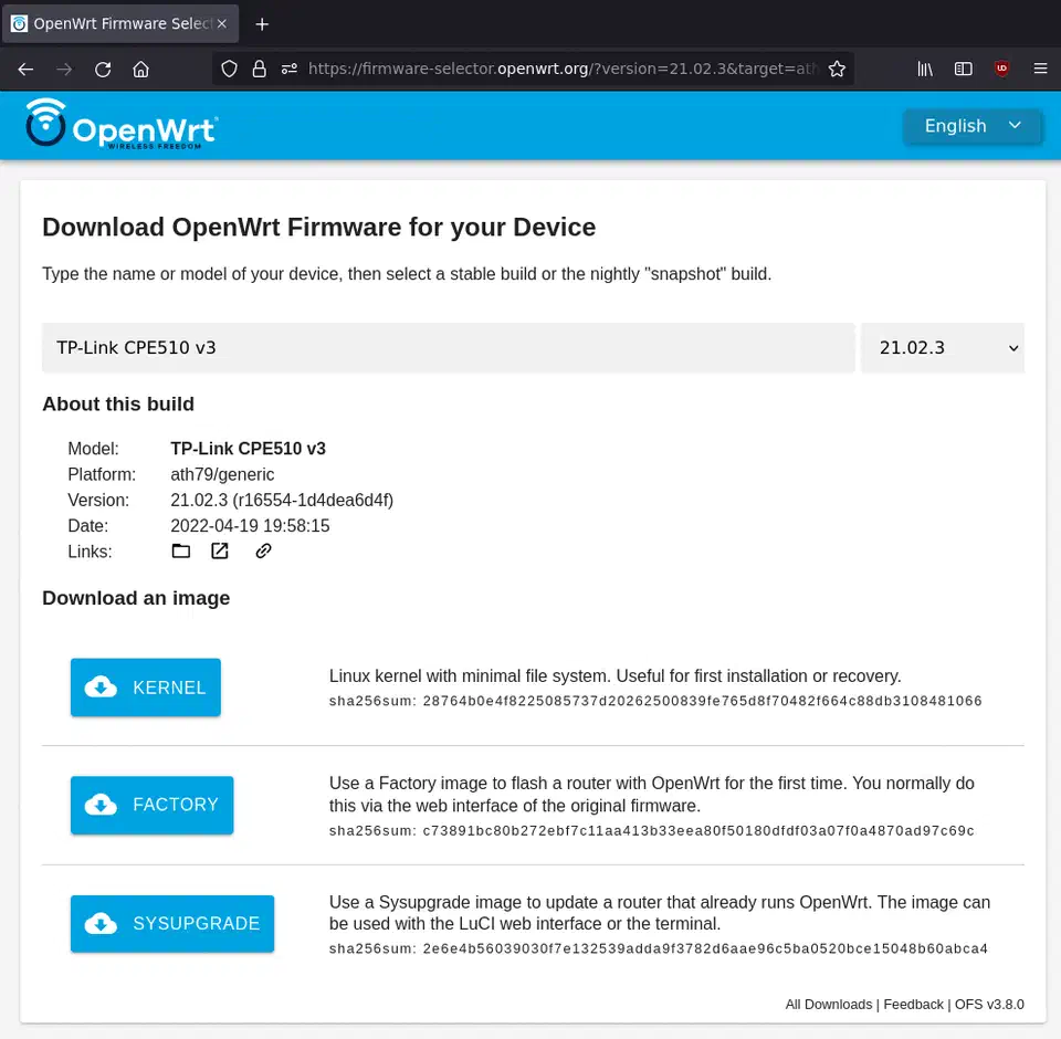 OpenWrt Firmware Selector showing kernel, factory and sysupgrade downloads