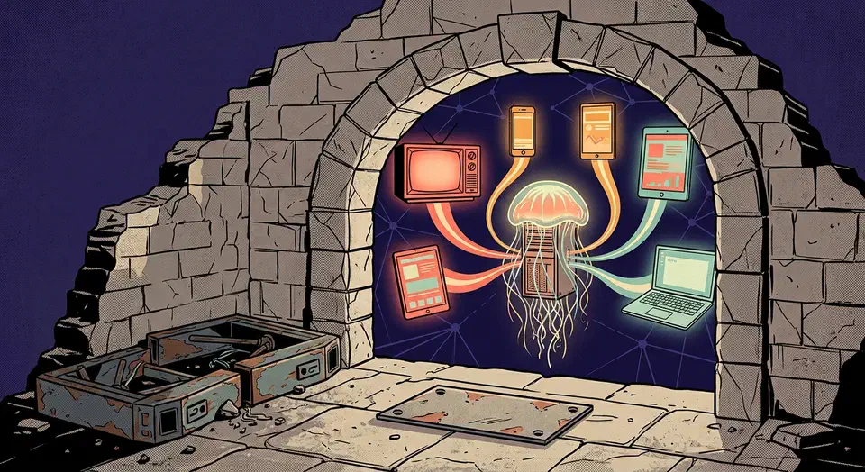 Open stone archway with toppled coin turnstiles beside it, light streaming from a jellyfish-shaped server box to a television, phone, tablet, and laptop