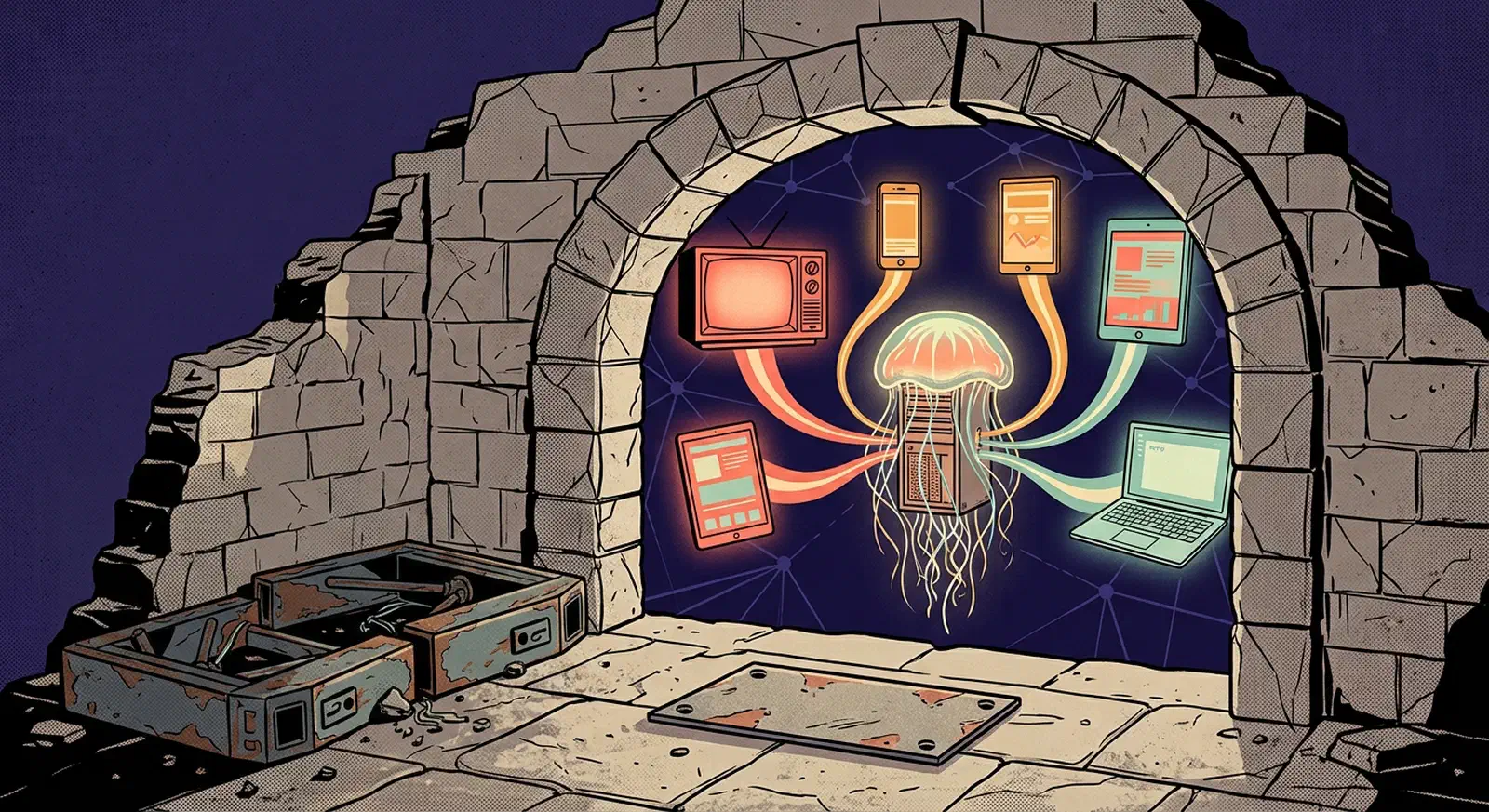 Open stone archway with toppled coin turnstiles beside it, light streaming from a jellyfish-shaped server box to a television, phone, tablet, and laptop
