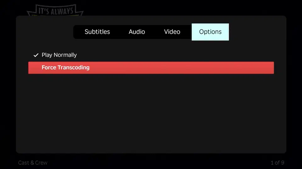 Jellyfin playback settings panel with a quality menu open and a force-transcoding option listed