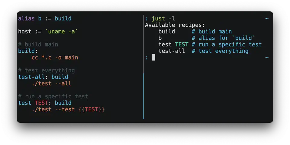 Just command runner executing a test-all recipe with colored terminal output showing compilation and test results