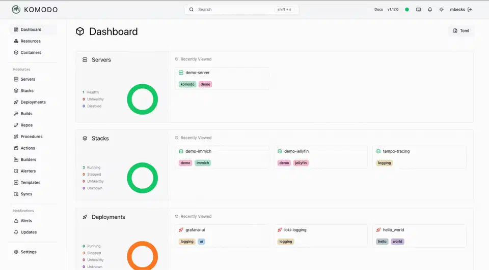 Komodo dashboard showing connected servers, running stacks, and resource stats across a homelab fleet