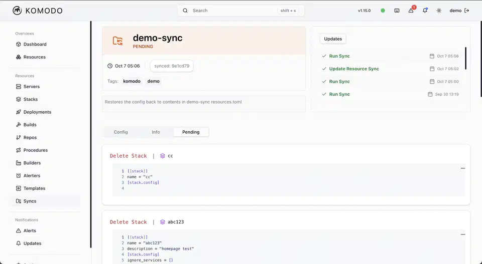 Komodo resource sync screen showing declarative TOML stack definitions synced from Git