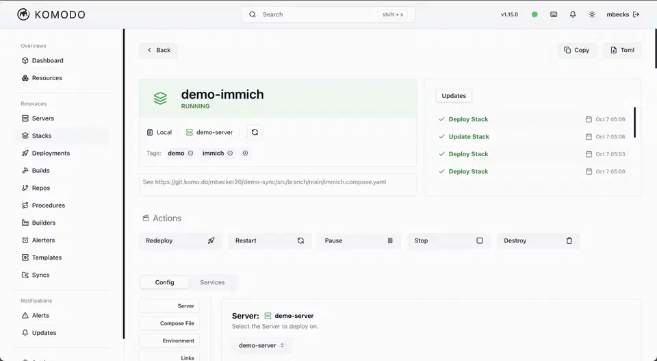 Komodo stack management screen listing compose stacks with deploy and update controls