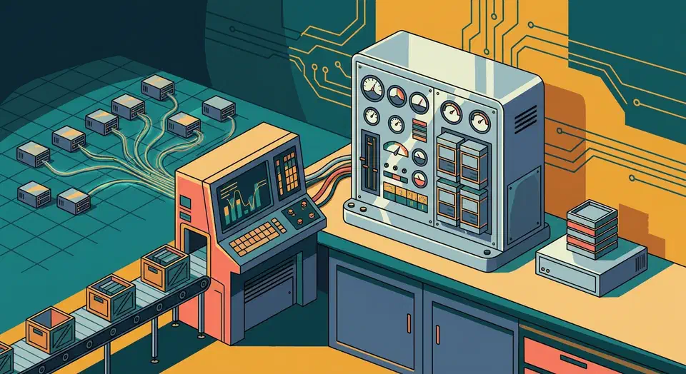 Three Docker management tools shown as a multi-server console, an industrial control panel, and a small single-host unit on a workbench