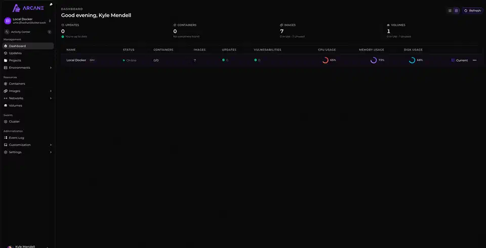 Arcane dashboard showing counts of containers, images, volumes and updates, with CPU, memory and disk gauges for the local Docker host