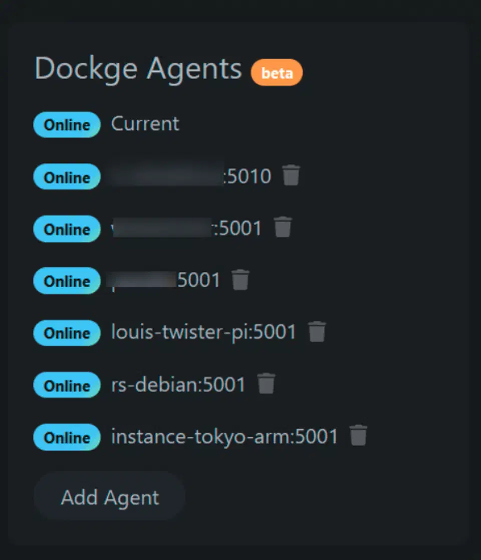 Dockge Agents panel listing several remote Dockge instances marked Online, with an Add Agent button