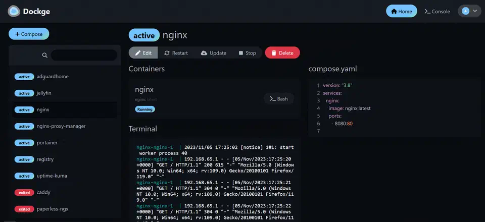 Dockge interface with a stack list on the left, an nginx stack&rsquo;s compose.yaml editor, and a live terminal showing container logs