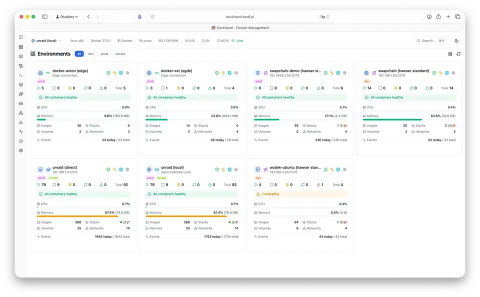 Dockhand environments view showing several Docker hosts as cards with container counts, CPU and memory usage