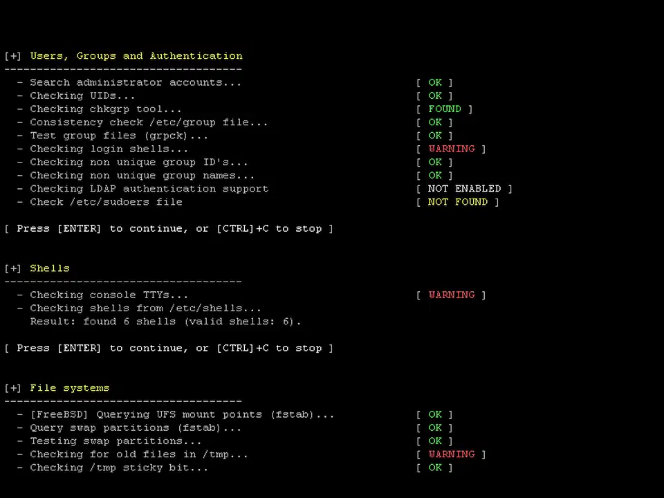 Lynis audit in progress showing checks for users, groups, authentication, shells, and file systems with OK and WARNING markers