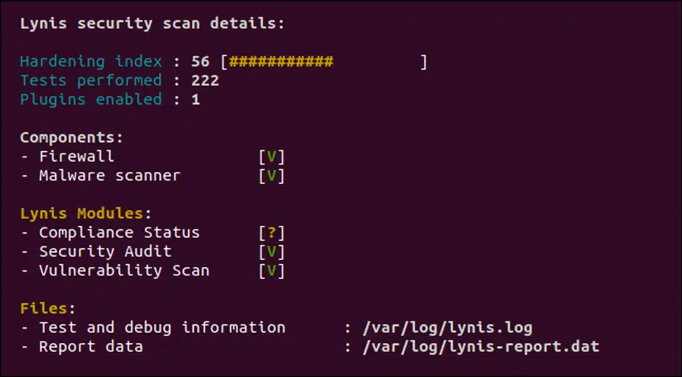 Lynis security scan summary showing a hardening index of 56 out of 100 with 222 tests performed
