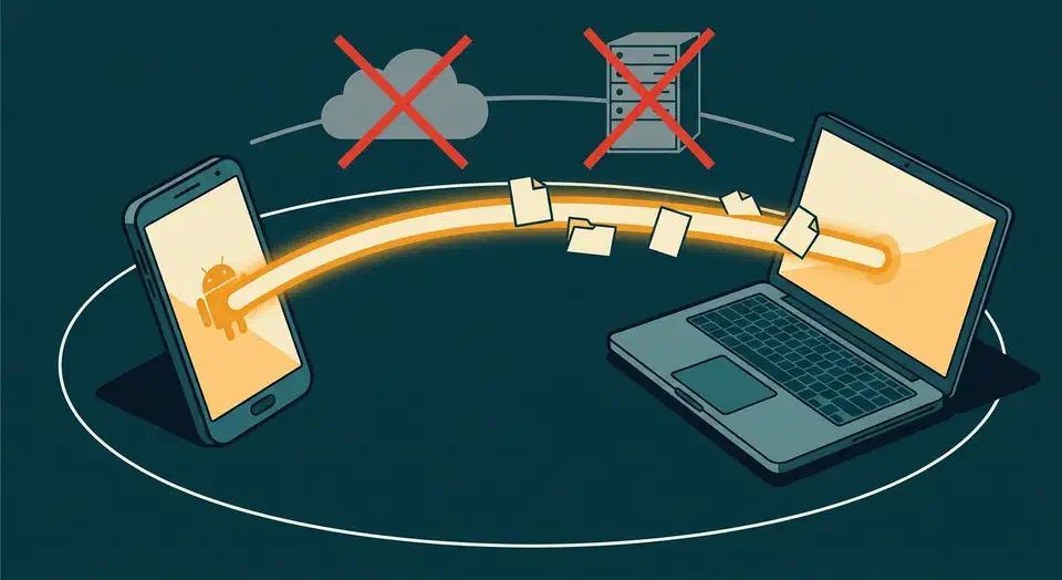 An Android phone and a laptop connected by a direct amber beam carrying files, with a cloud and server rack crossed out above them