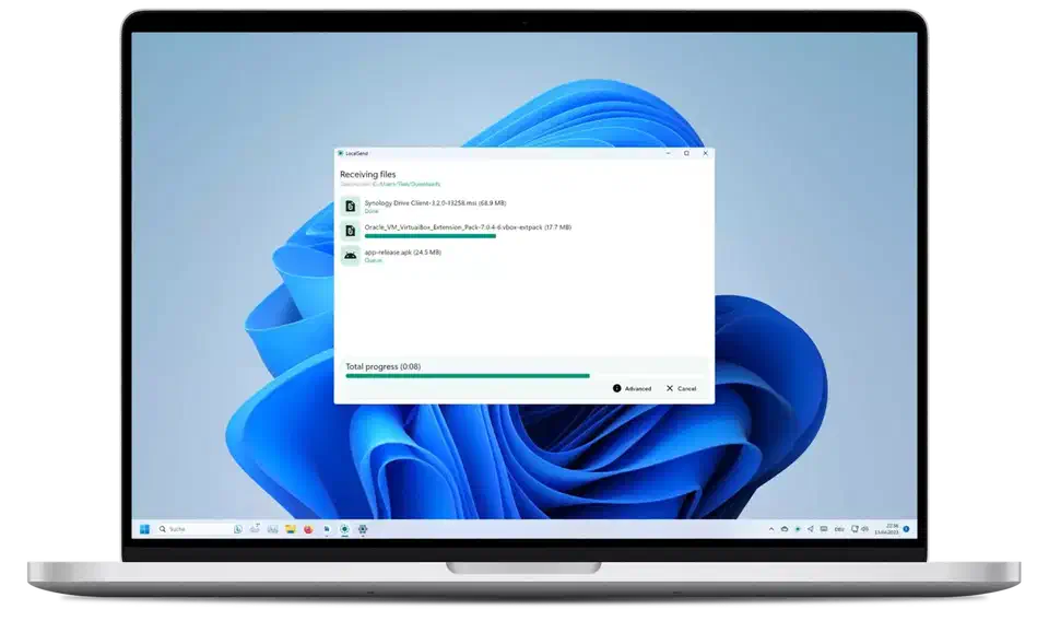 LocalSend on Windows 11 showing a Receiving files window with the destination folder path, three incoming files listed with sizes and per-file progress bars, and a total progress bar at eight seconds