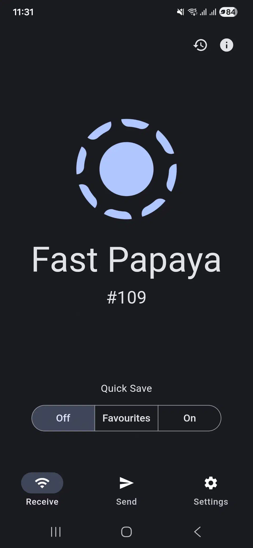 LocalSend on Android showing the receive screen with the randomly generated device name Fast Papaya, a hash number, a Quick Save toggle set to Off, and Receive, Send and Settings buttons along the bottom