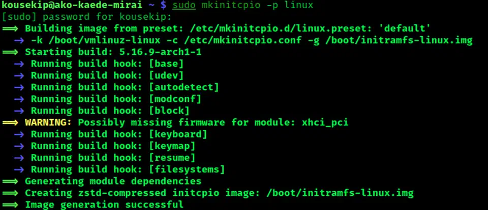 mkinitcpio terminal output showing hook execution order during an initramfs rebuild on Arch Linux