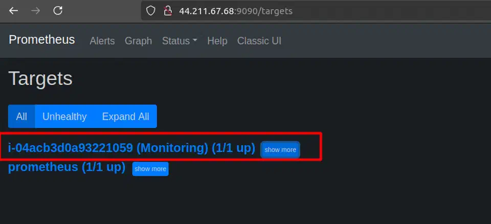 Prometheus targets page showing scrape endpoints and their UP/DOWN status