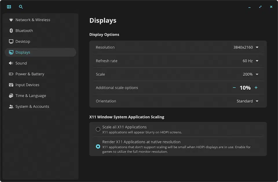 COSMIC desktop additional scaling options showing supplemental scaling adjustments from 5% to 20% for enhanced text visibility
