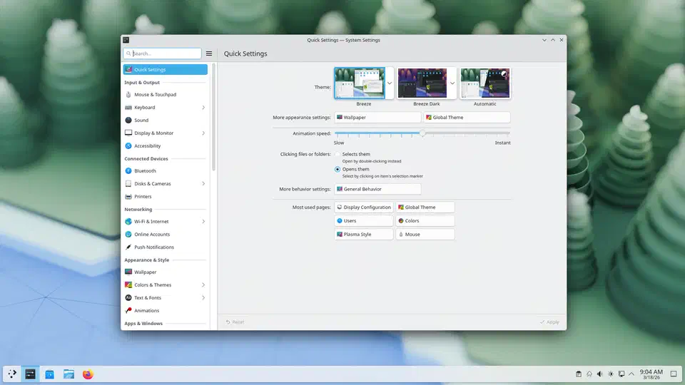 KDE Plasma System Settings application showing the configuration categories for hardware, software, and workspace preferences